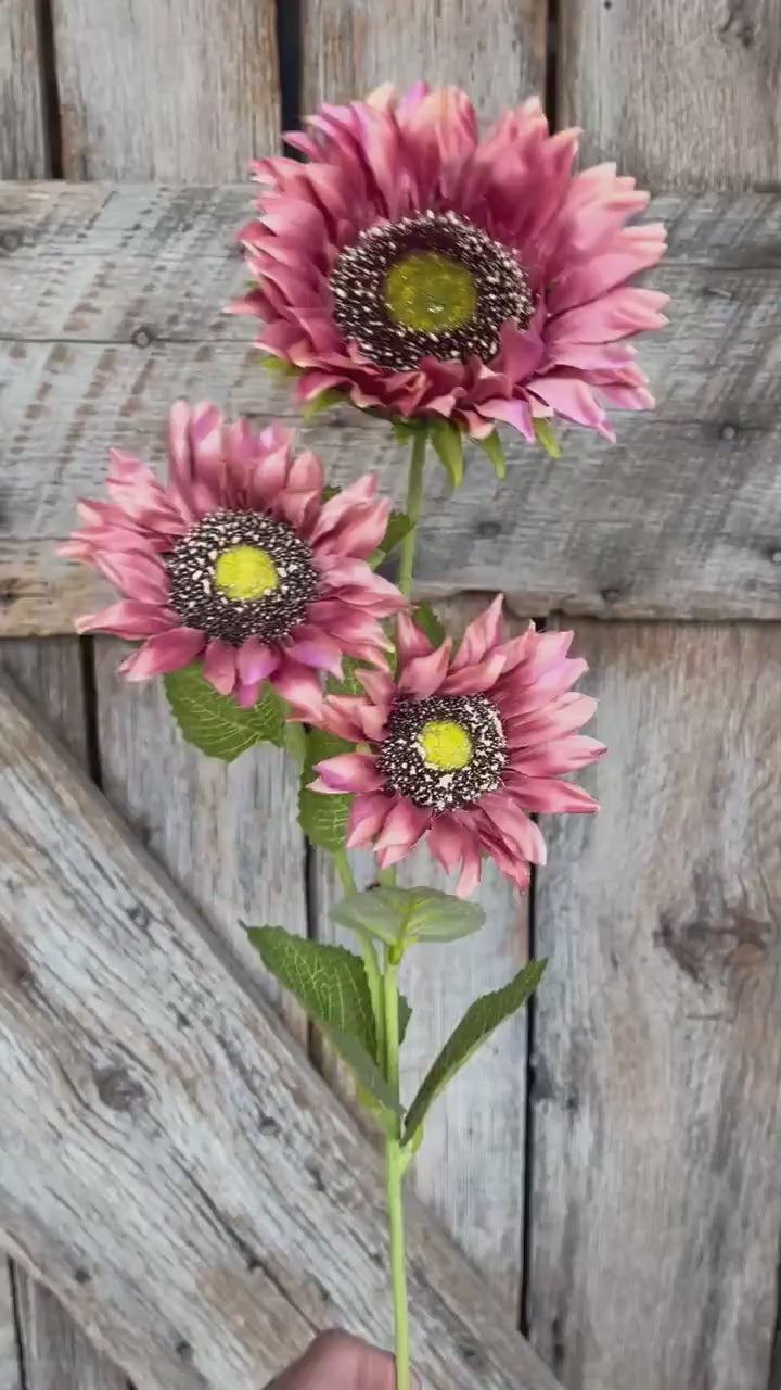 28" Mauve Pink Sunflower Stem, Artificial Sunflower Bush, Pink Sunflowers