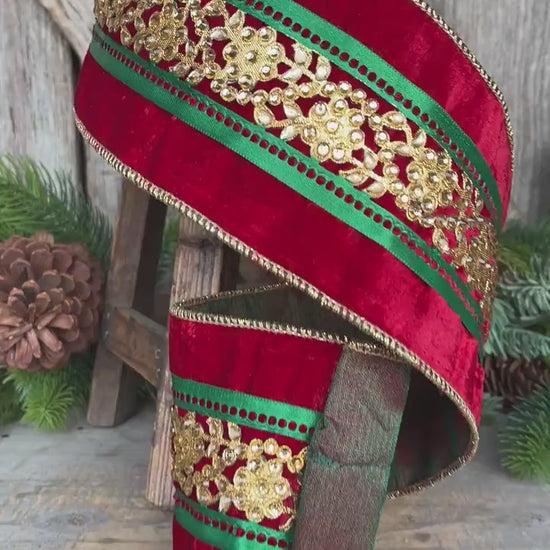 4" Red Embellished Velvet Ribbon, Luxury Christmas Ribbon