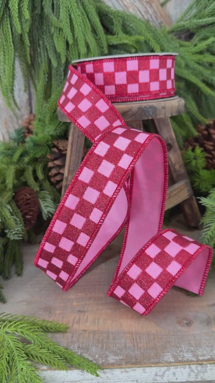 1.5" Pink Red Glitter Check Ribbon, Christmas Ribbon