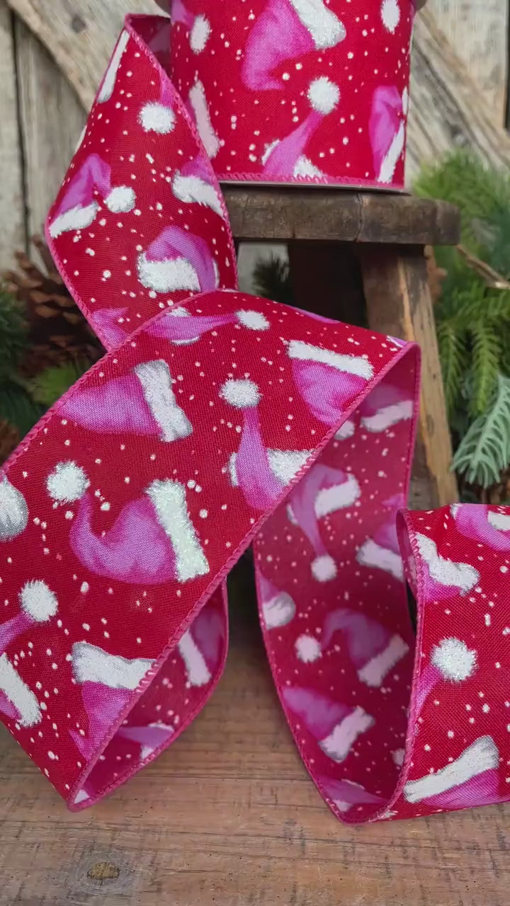 2.5" Pink Santa Hat Ribbon, Red & Pink Ribbon, Christmas Ribbon