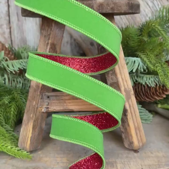 1" Lime Green & Red Ribbon, Farrisilk Ribbon, Green Red Fusion Ribbon