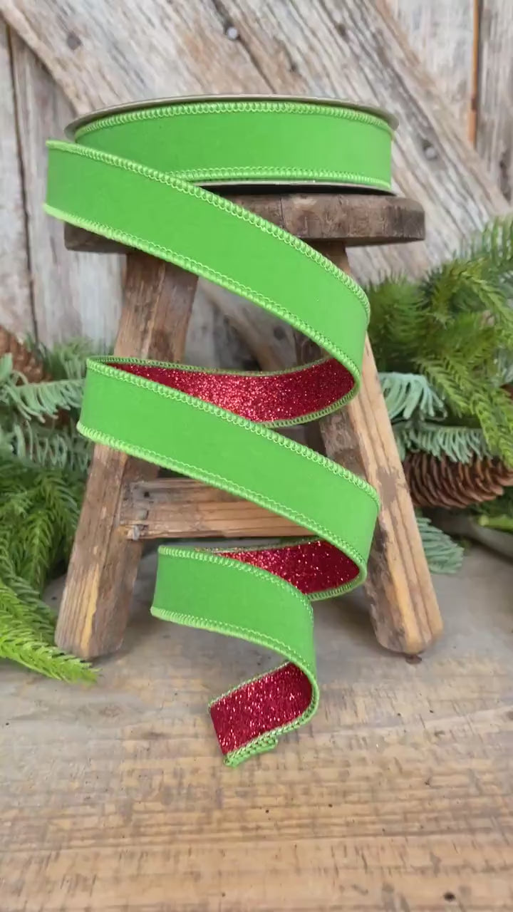 1" Lime Green & Red Ribbon, Farrisilk Ribbon, Green Red Fusion Ribbon