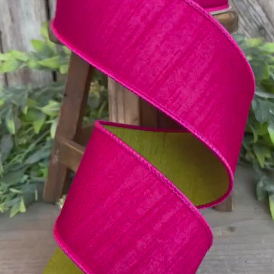 2.5" Hot Pink Spring Greenery Ribbon,Farrisilk Ribbon, Hot Pink Green Ribbon, Spring Summer Ribbon