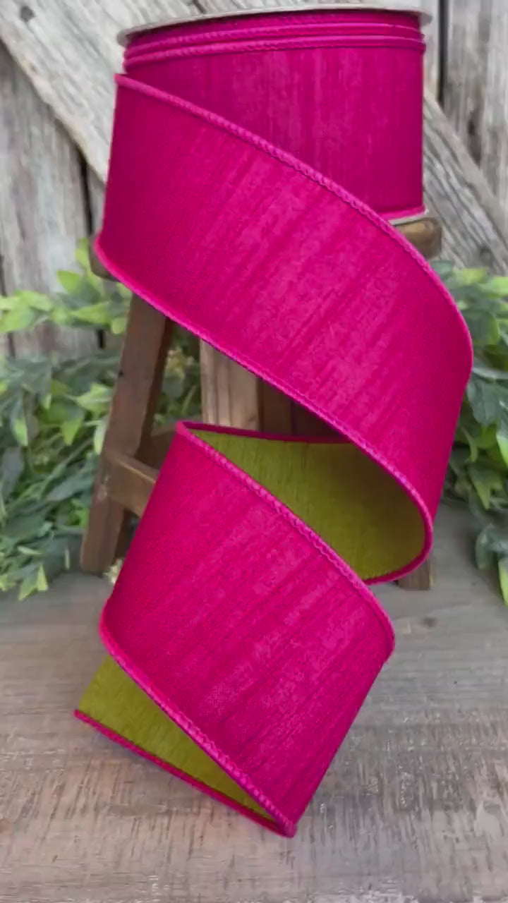 2.5" Hot Pink Spring Greenery Ribbon,Farrisilk Ribbon, Hot Pink Green Ribbon, Spring Summer Ribbon