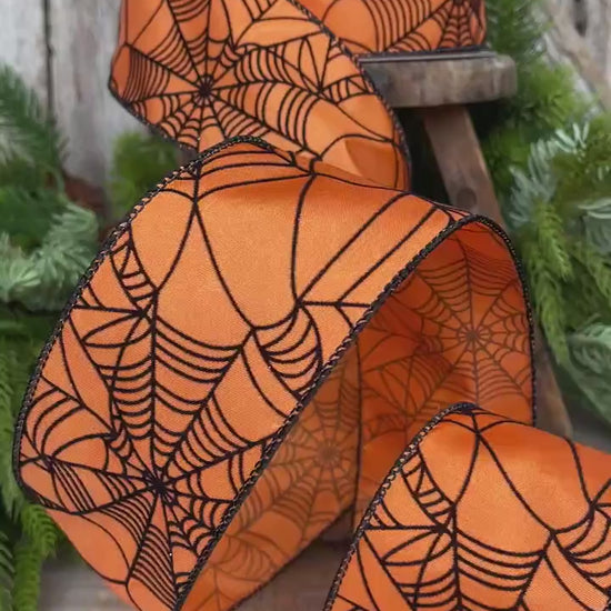 2.5" Orange Spooky Webs Ribbon, Farrisilk Ribbon, Halloween Ribbon