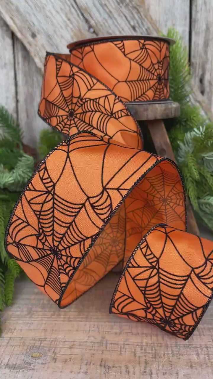 2.5" Orange Spooky Webs Ribbon, Farrisilk Ribbon, Halloween Ribbon
