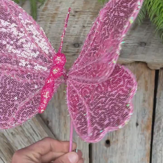 10" Pink Sequin Butterfly Pick, Spring Decor, Butterfly Decor