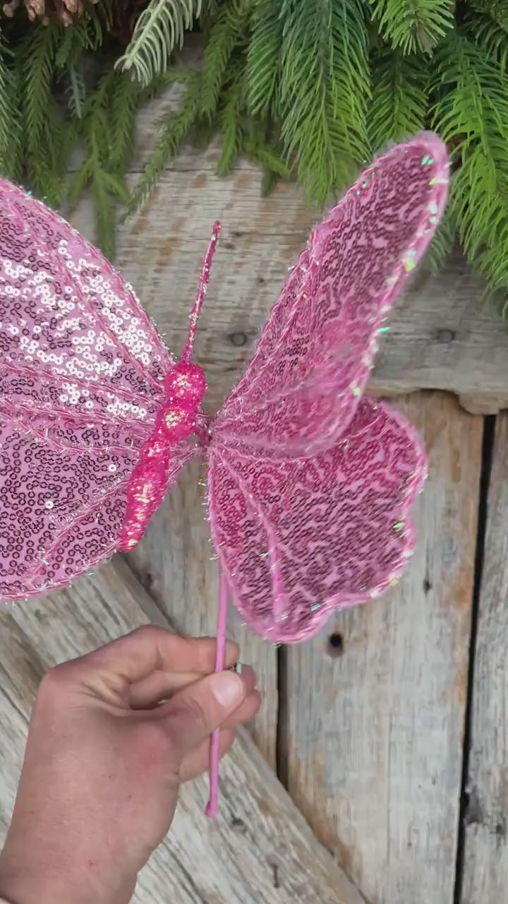 10" Pink Sequin Butterfly Pick, Spring Decor, Butterfly Decor