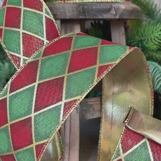 2.5" Red Green Antique Diamonds Ribbon, Farrisilk Ribbon, Harlequin Ribbon