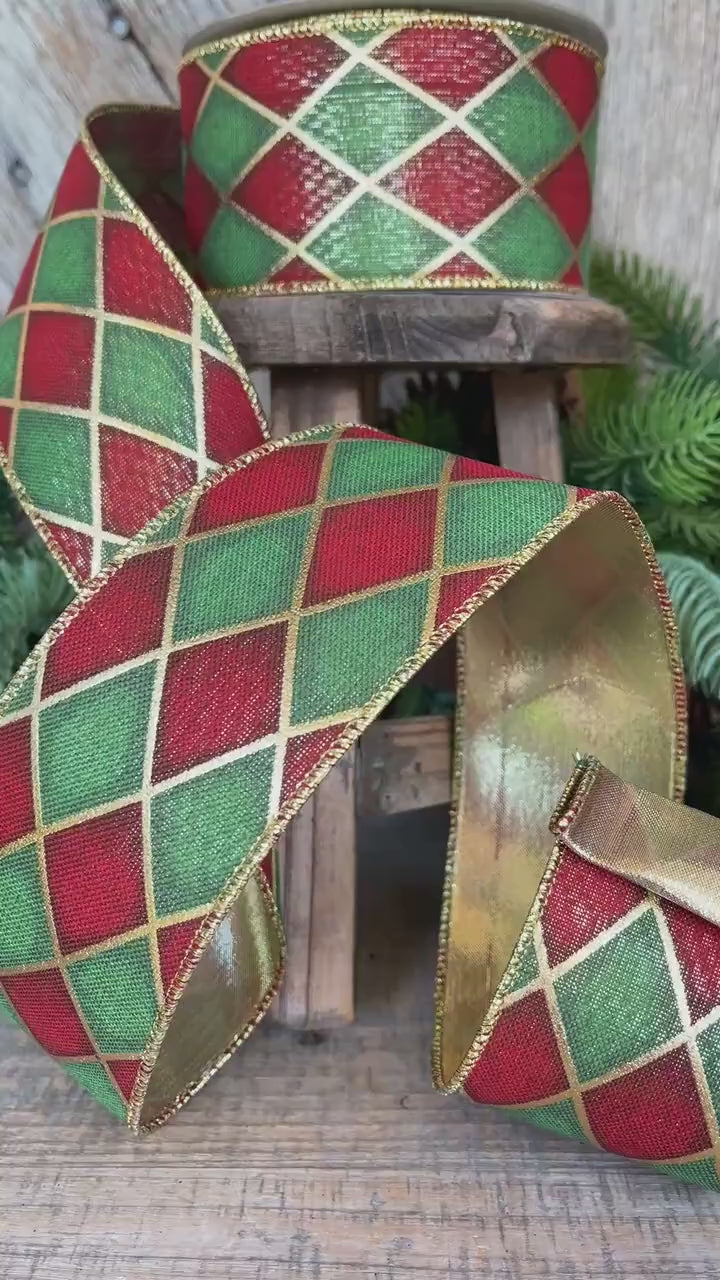 2.5" Red Green Antique Diamonds Ribbon, Farrisilk Ribbon, Harlequin Ribbon