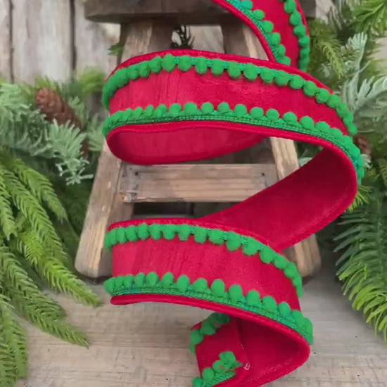 1.5" Christmas Ribbon, Wired Ribbon, Pom Pom Ribbon