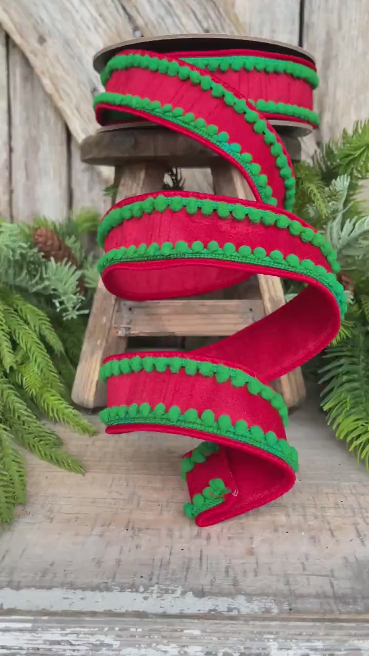 1.5" Christmas Ribbon, Wired Ribbon, Pom Pom Ribbon