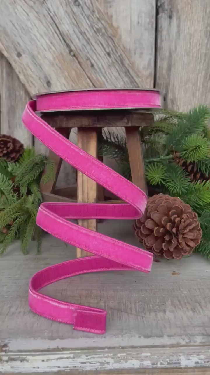 3/4" BubbleGum Pink Velvet Ribbon, Wired Velvet Ribbon, 1 inch Velvet Ribbon
