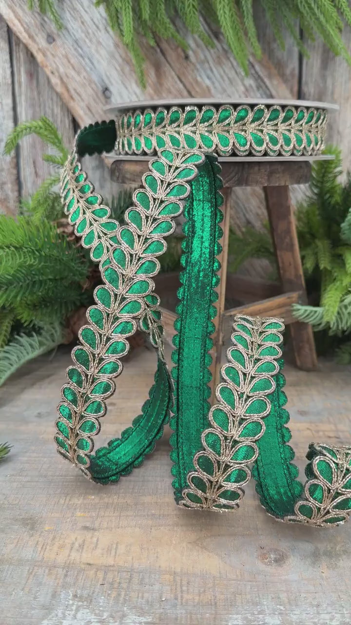 1" Emerald Green Ribbon, Green Gilded Garland Ribbon by Farrisilk