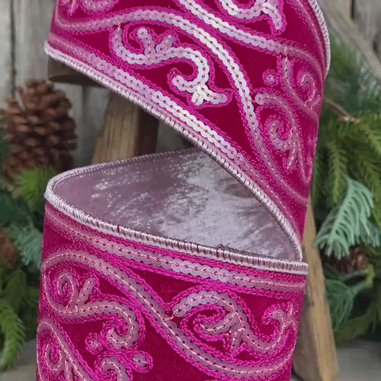 4" Hot Pink Sequin Ribbon, Farrisilk Ribbon, Morris Tapestry Ribbon