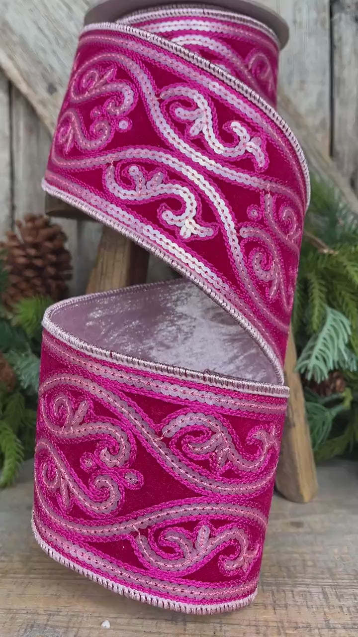 4" Hot Pink Sequin Ribbon, Farrisilk Ribbon, Morris Tapestry Ribbon