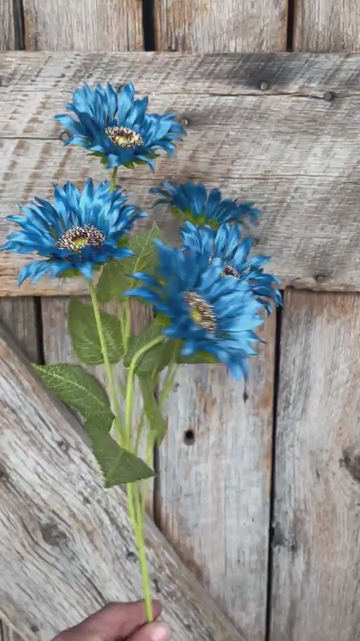 28" Blue Sunflower Stems, Artificial Sunflower Floral Stems, Artificial Sunflowers
