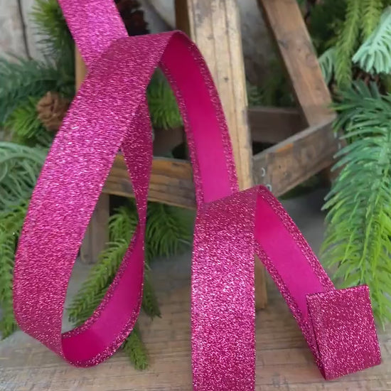 7/8" Hot Pink Glitter Ribbon, Wired Ribbon, Hot Pink RIbbon