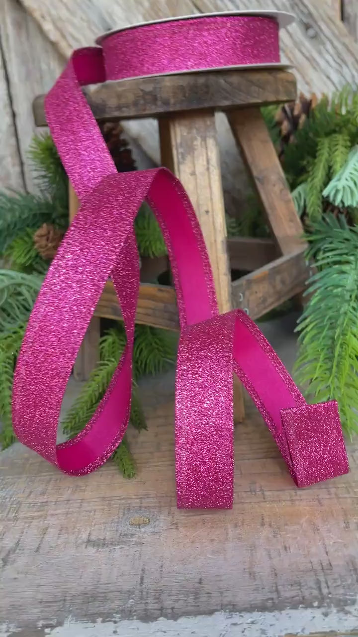 7/8" Hot Pink Glitter Ribbon, Wired Ribbon, Hot Pink RIbbon