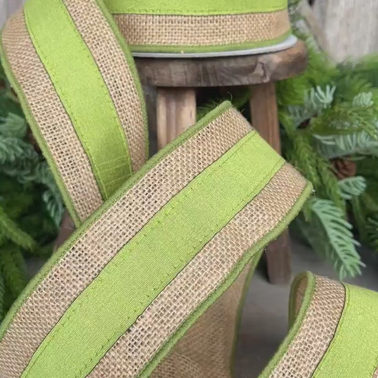 2.5" Green Burlap Border Ribbon, Farrisilk Ribbon, Wired Ribbon
