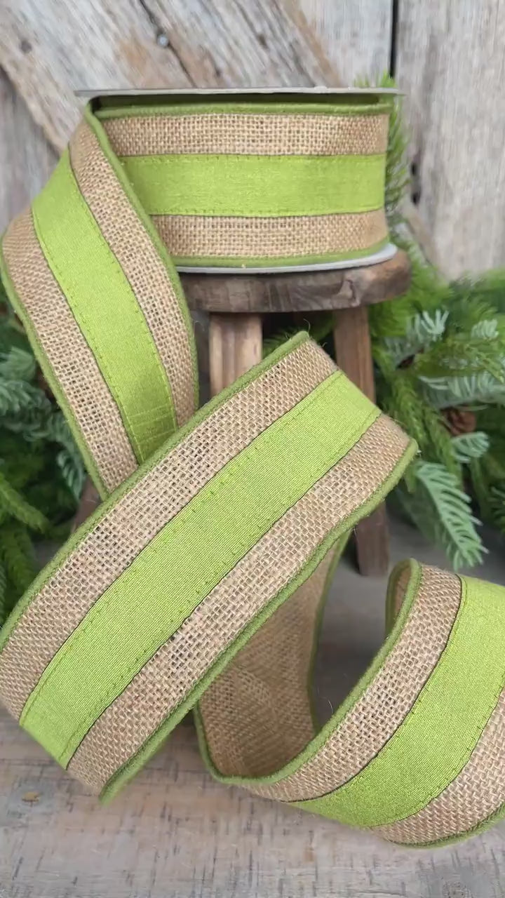 2.5" Green Burlap Border Ribbon, Farrisilk Ribbon, Wired Ribbon