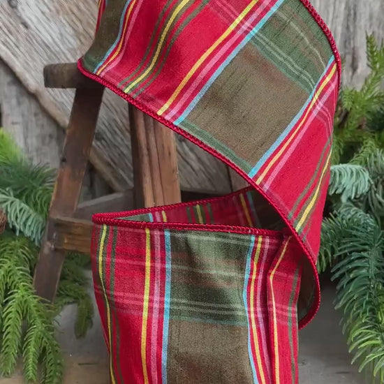 4" Traditional CHristmas Plaid, Wired Ribbon, Red Green Chirstmas Plaid RIbbon