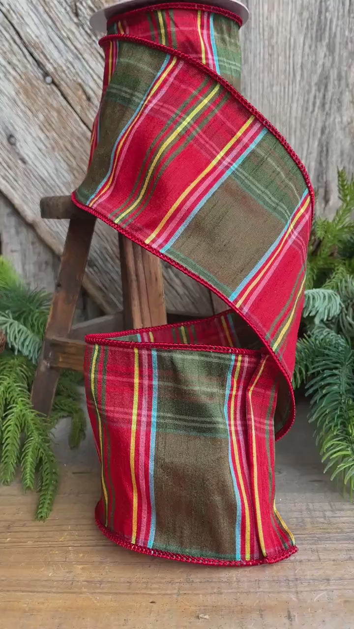4" Traditional CHristmas Plaid, Wired Ribbon, Red Green Chirstmas Plaid RIbbon