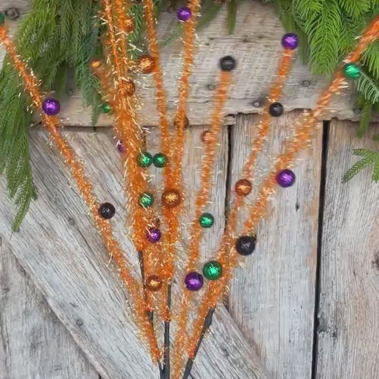 31" Orange Halloween Tinsel Spray, Halloween Picks and Stems, Orange Floral Spray