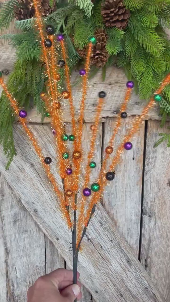 31" Orange Halloween Tinsel Spray, Halloween Picks and Stems, Orange Floral Spray