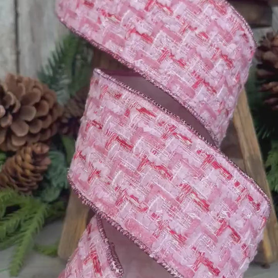 2.5" Pink Tweed Ribbon, Pink Christmas Ribbon, Designer Ribbon