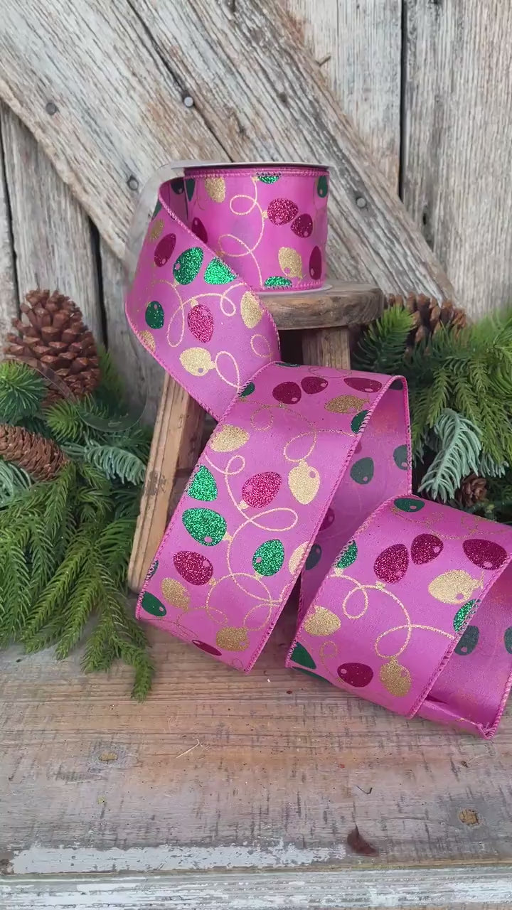 2.5" Pink Christmas Ribbon, Christmas Lights Ribbon, Bubblegum Pink Ribbon