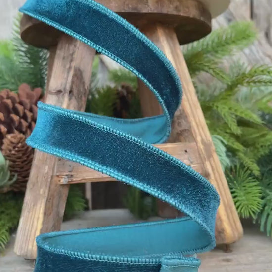 1" Dark Teal Velveteen Ribbon, Farrisilk Ribbon, Teal Ribbon