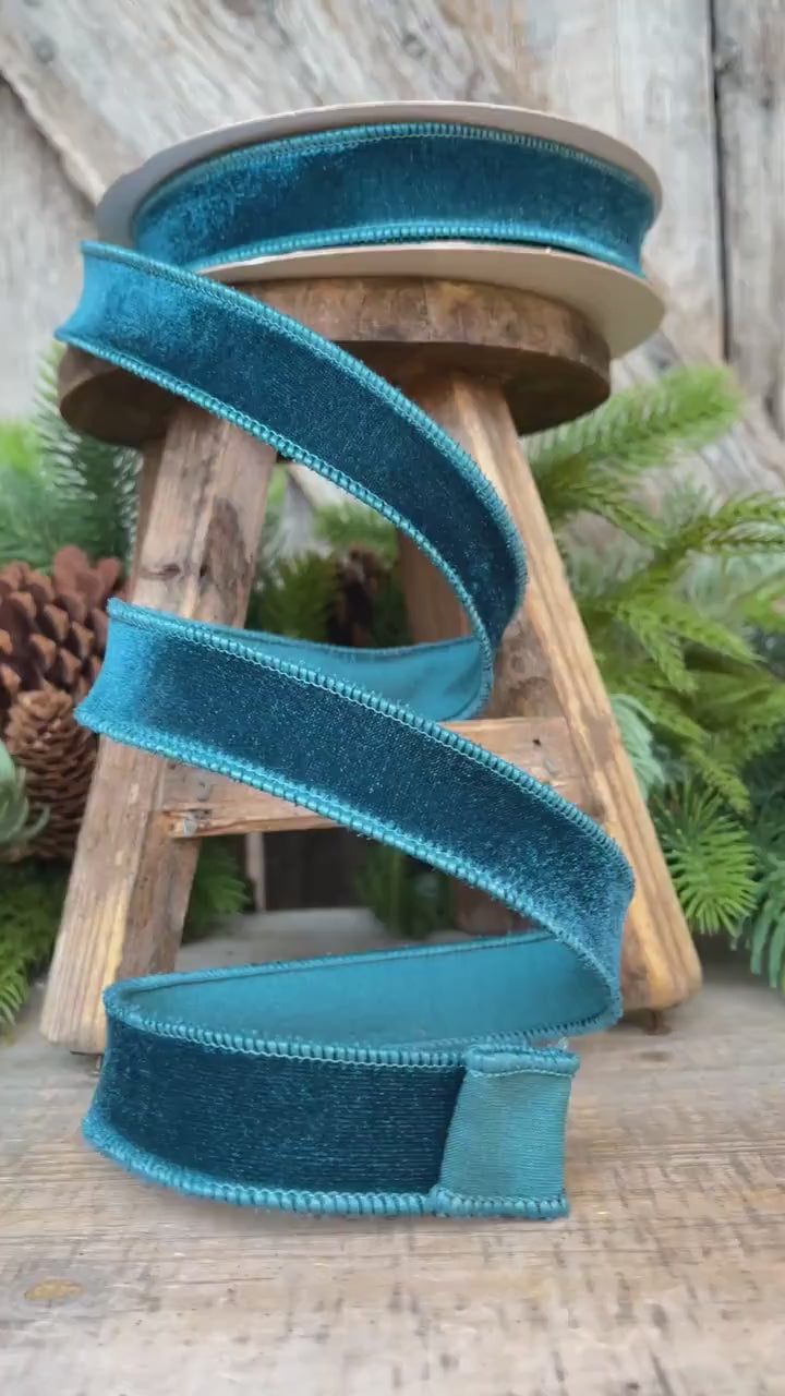 1" Dark Teal Velveteen Ribbon, Farrisilk Ribbon, Teal Ribbon