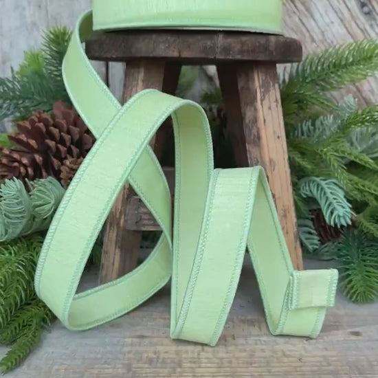 1" Mint Green Dupion Ribbon, Farrisilk Ribbon, Wired Ribbon