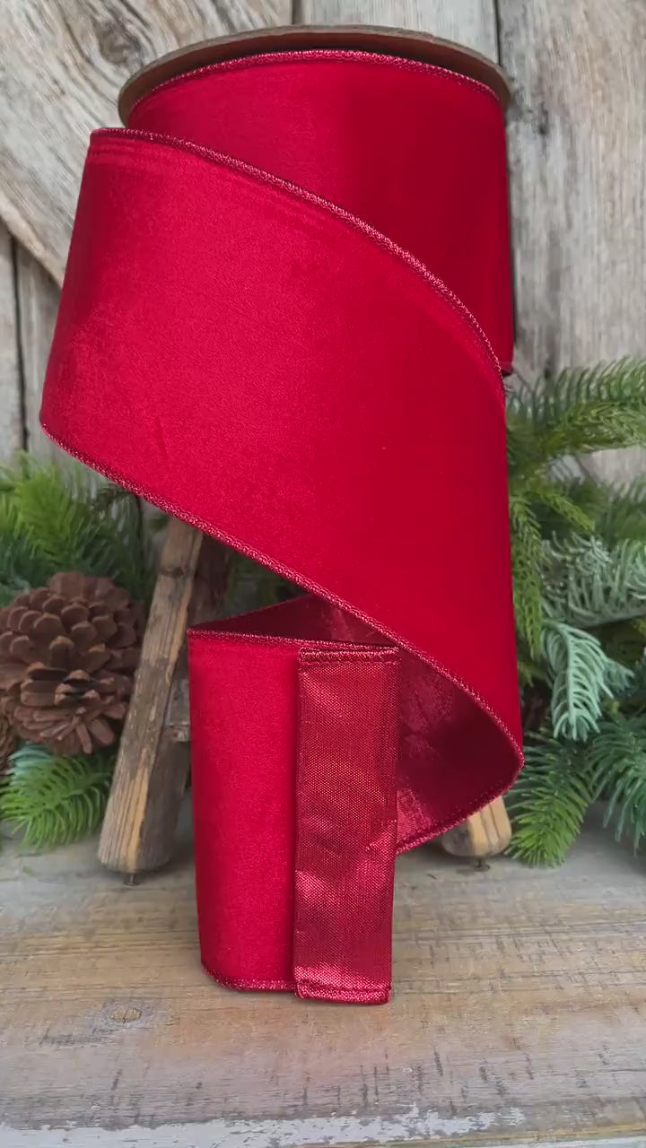 4" Red Velvet Ribbon, Red Christmas Tree Ribbon, Red Ribbon