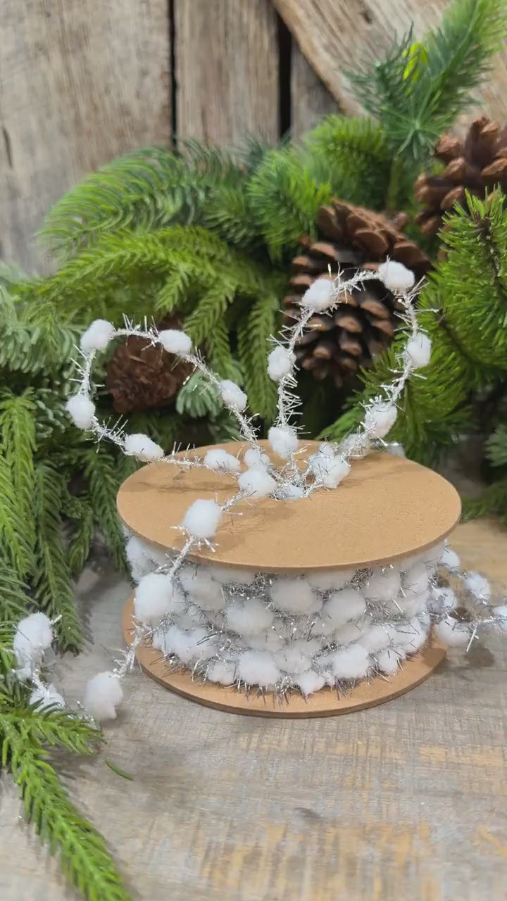 3/8" White Pom Pom Tinsel Garland, Silver Metallic