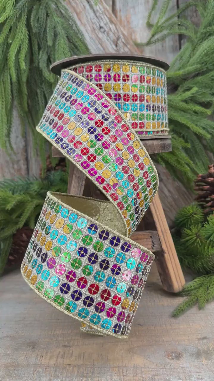 3.25" Rainbow Sequin Ribbon, Colorful Christmas Ribbon