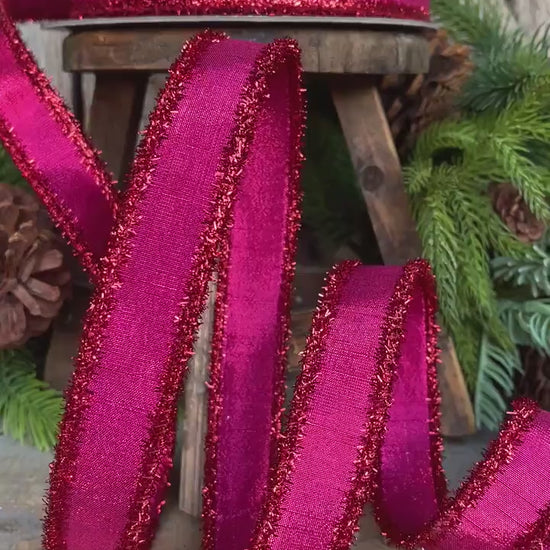 1" Hot Pink & Red Tinsel Ribbon, Christmas Ribbon, Farrisilk ribbon