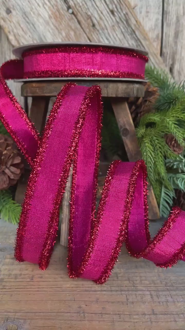 1" Hot Pink & Red Tinsel Ribbon, Christmas Ribbon, Farrisilk ribbon