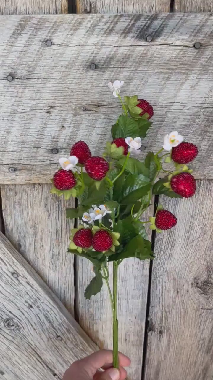 24" Strawberry Floral Bush, Fake Strawberry Spray, Summer Floral Spray