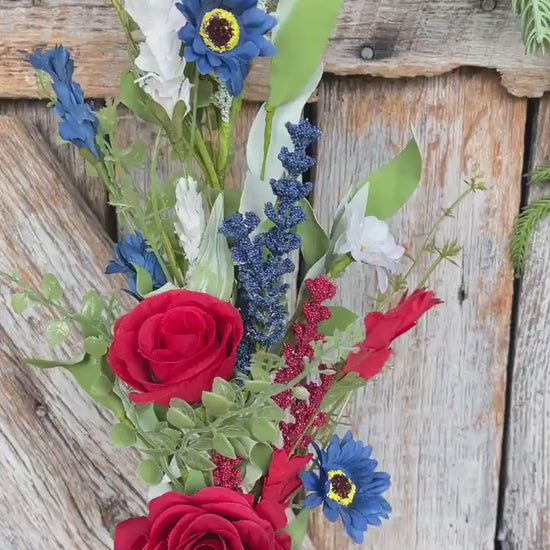 25" Patriotic Rose Spray, Artificial Floral Bush, Red White Blue Floral