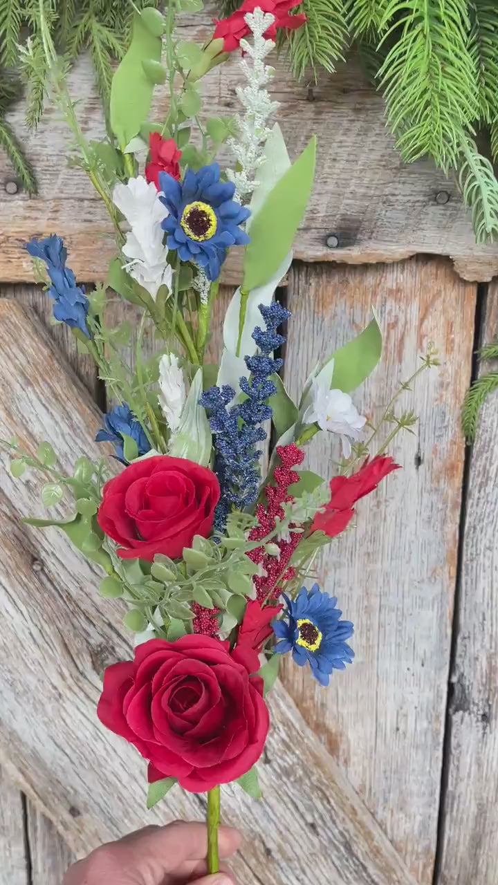 25" Patriotic Rose Spray, Artificial Floral Bush, Red White Blue Floral