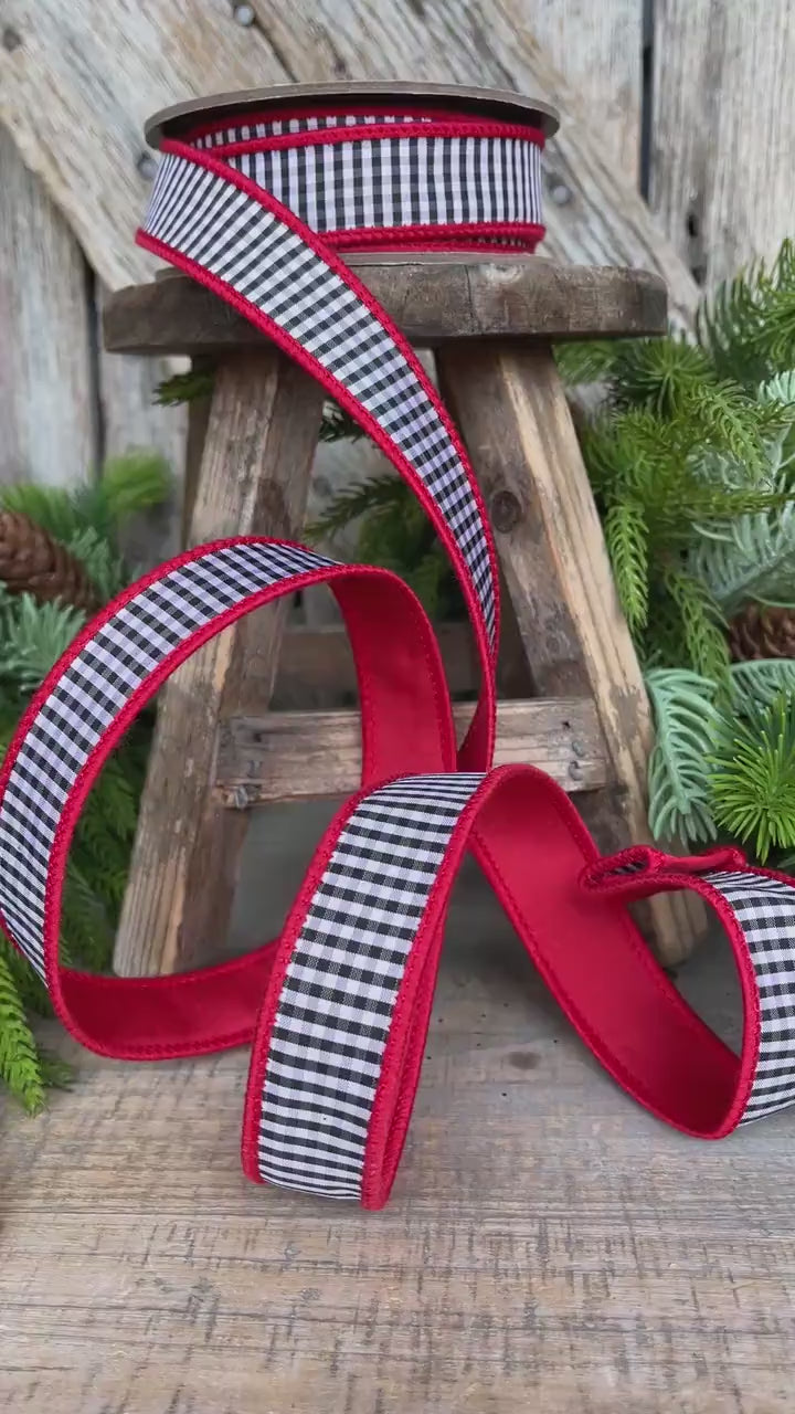1" Red & Black White Mini Checkered Ribbon, Check Ribbon, Narrow Ribbon