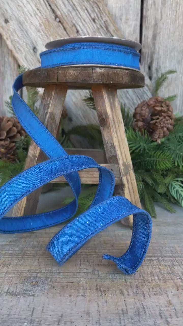 7/8” Royal Blue Dupion Ribbon, blue ribbon, wired ribbon