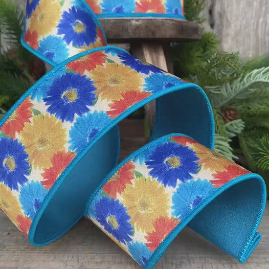 2.5" Vibrant Daisies Ribbon, Farrisilk Ribbon, Blue Yellow Ribbon