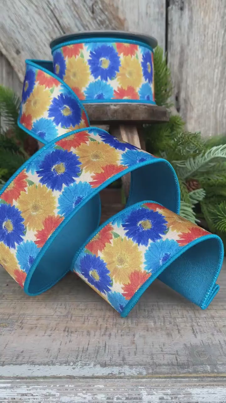 2.5" Vibrant Daisies Ribbon, Farrisilk Ribbon, Blue Yellow Ribbon