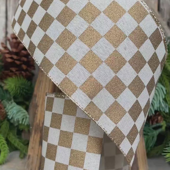 4" Gold Check Ribbon, Christmas Ribbon, Gold Ribbon