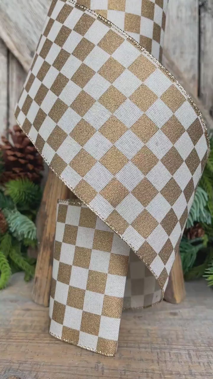 4" Gold Check Ribbon, Christmas Ribbon, Gold Ribbon