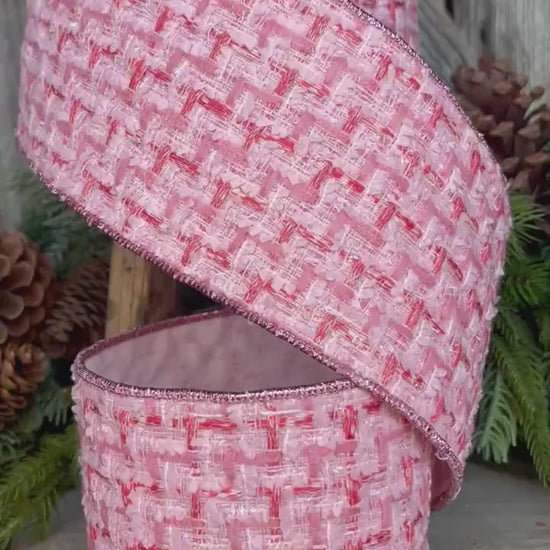 4" Pink Tweed Ribbon, Pink Christmas Ribbon, Designer Ribbon