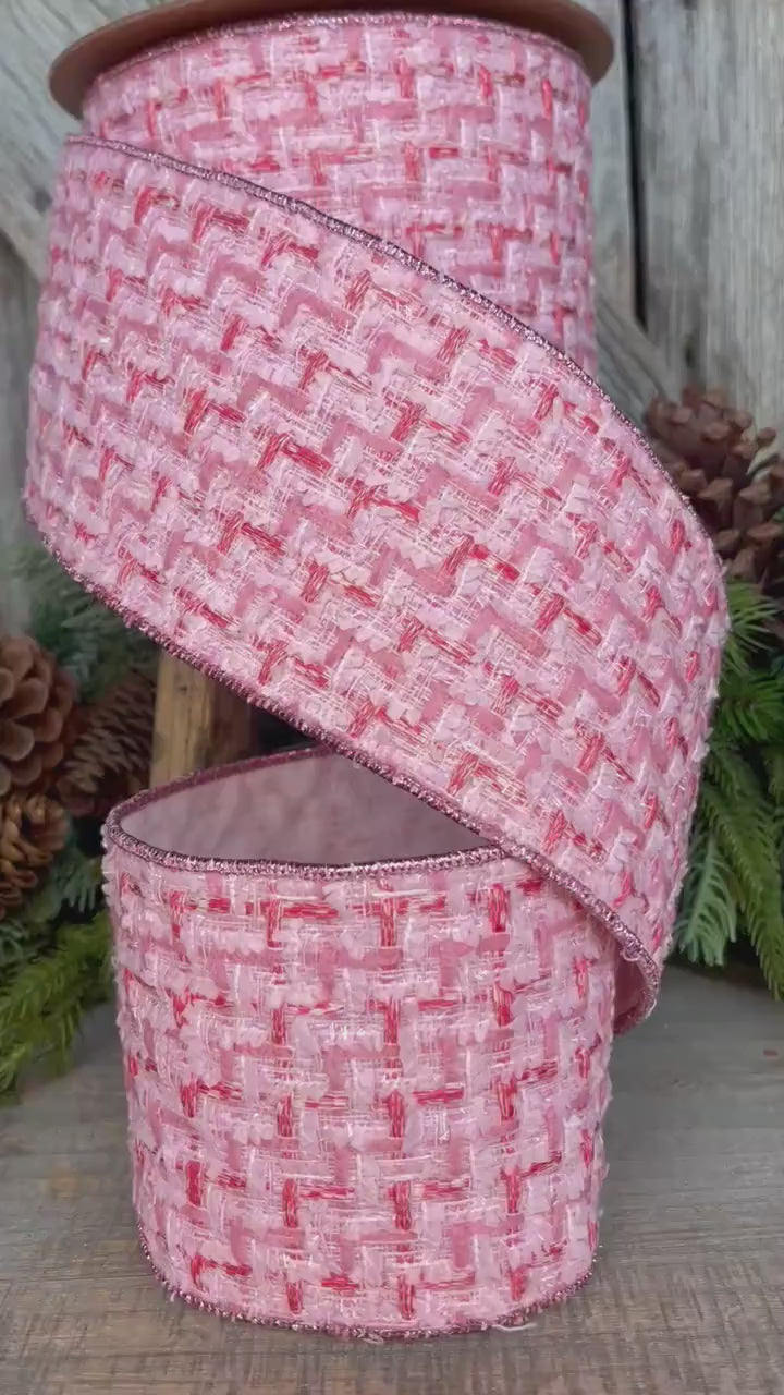 4" Pink Tweed Ribbon, Pink Christmas Ribbon, Designer Ribbon